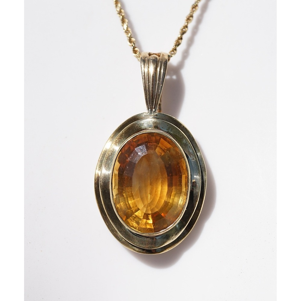 Vintage 14k Solid Yellow Gold Natural Oval‎ Citrine Pendant - Halo Large 11.76g